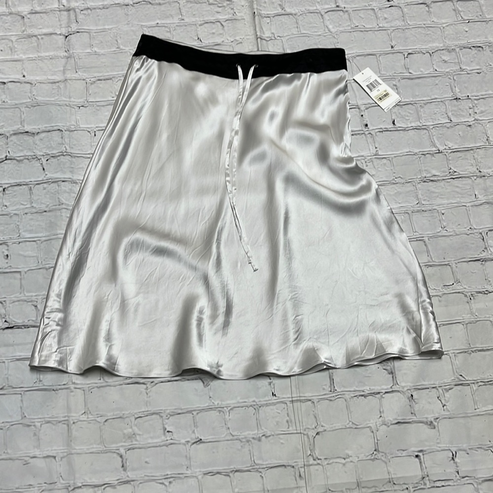 Calvin Klein Silver Satin Skirt with Black Waistband